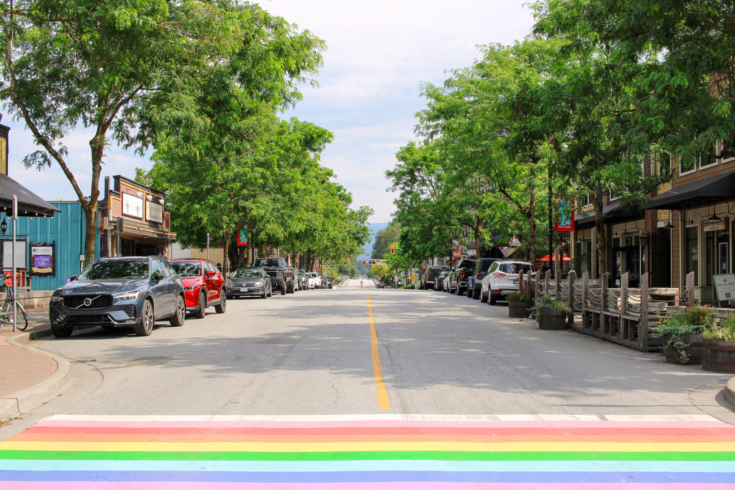 fort langley road with rainbow sidewalk crossing