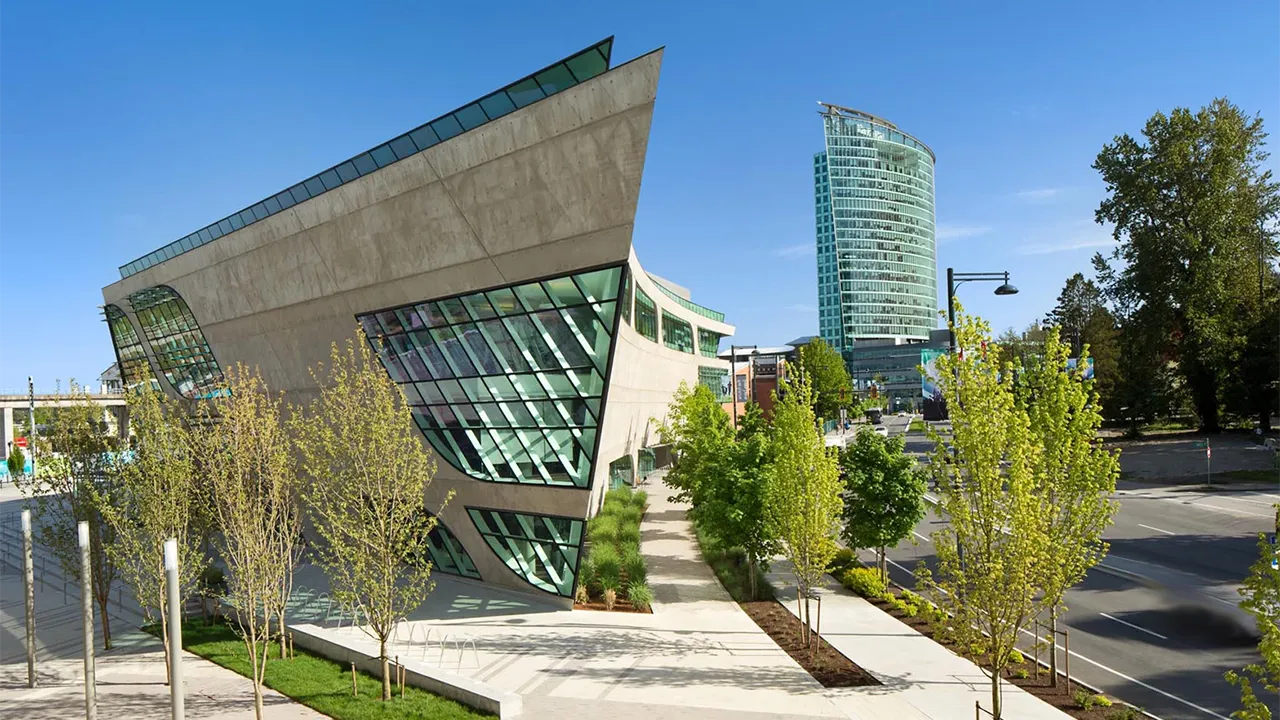 Downtown Surrey Bc with the Library in the foreground and the City Central in the background