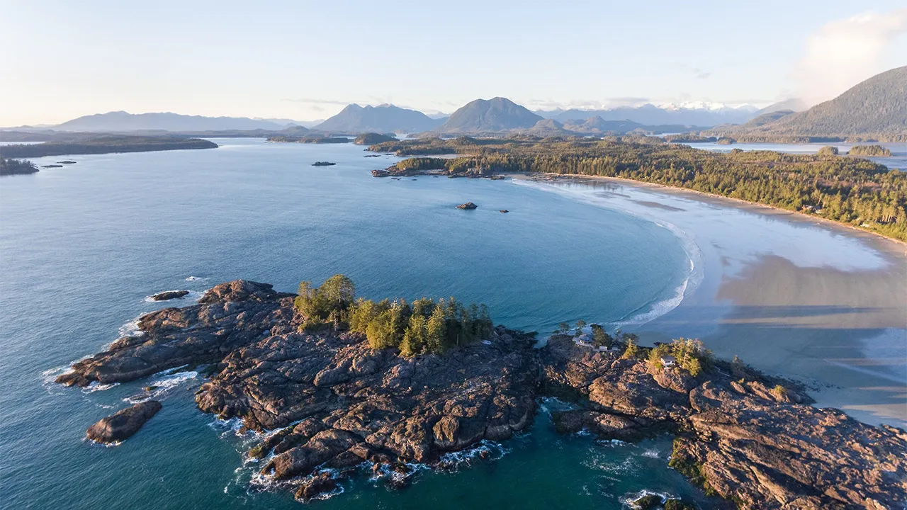 An aerial image of a Tofino Beach.