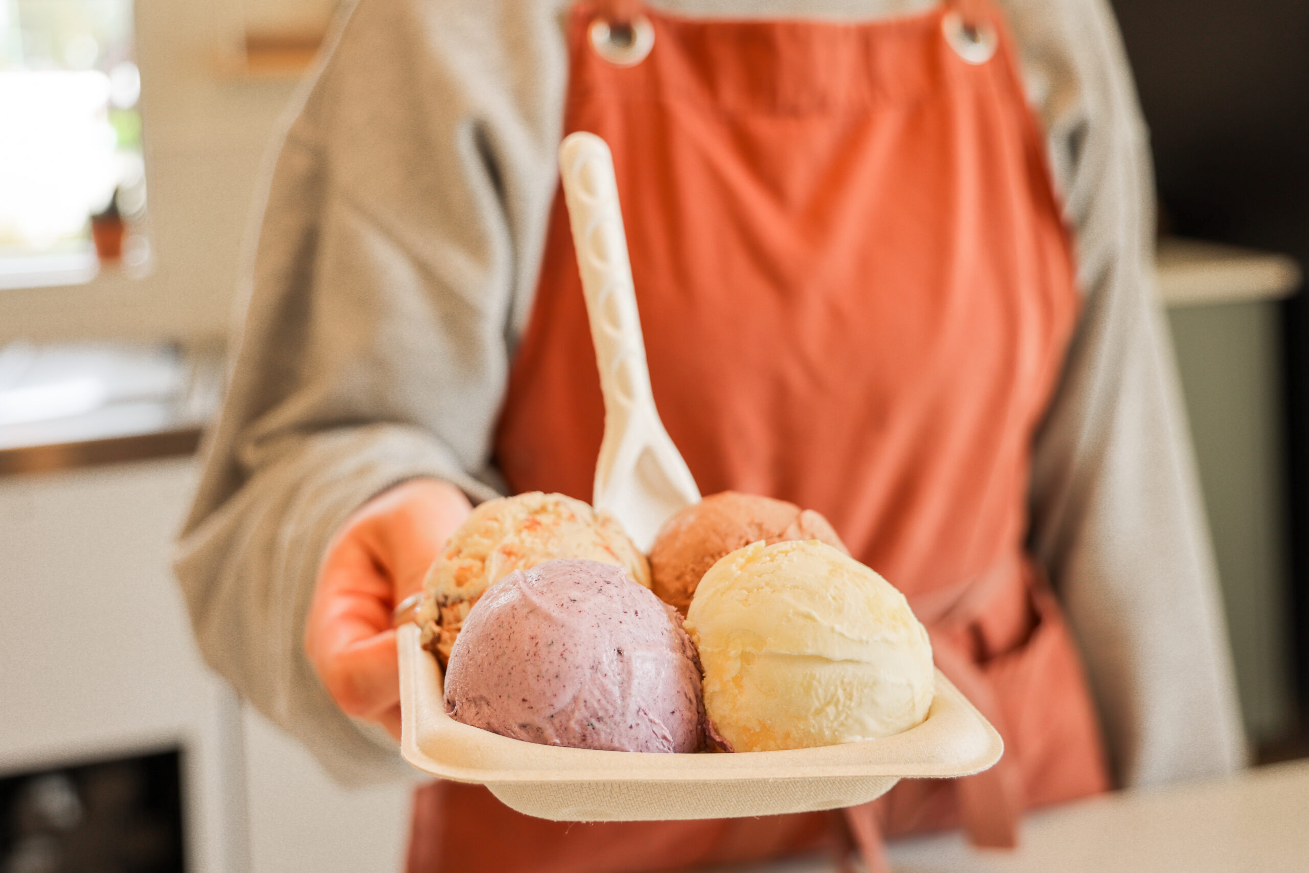 a person holding a tray of ice cream